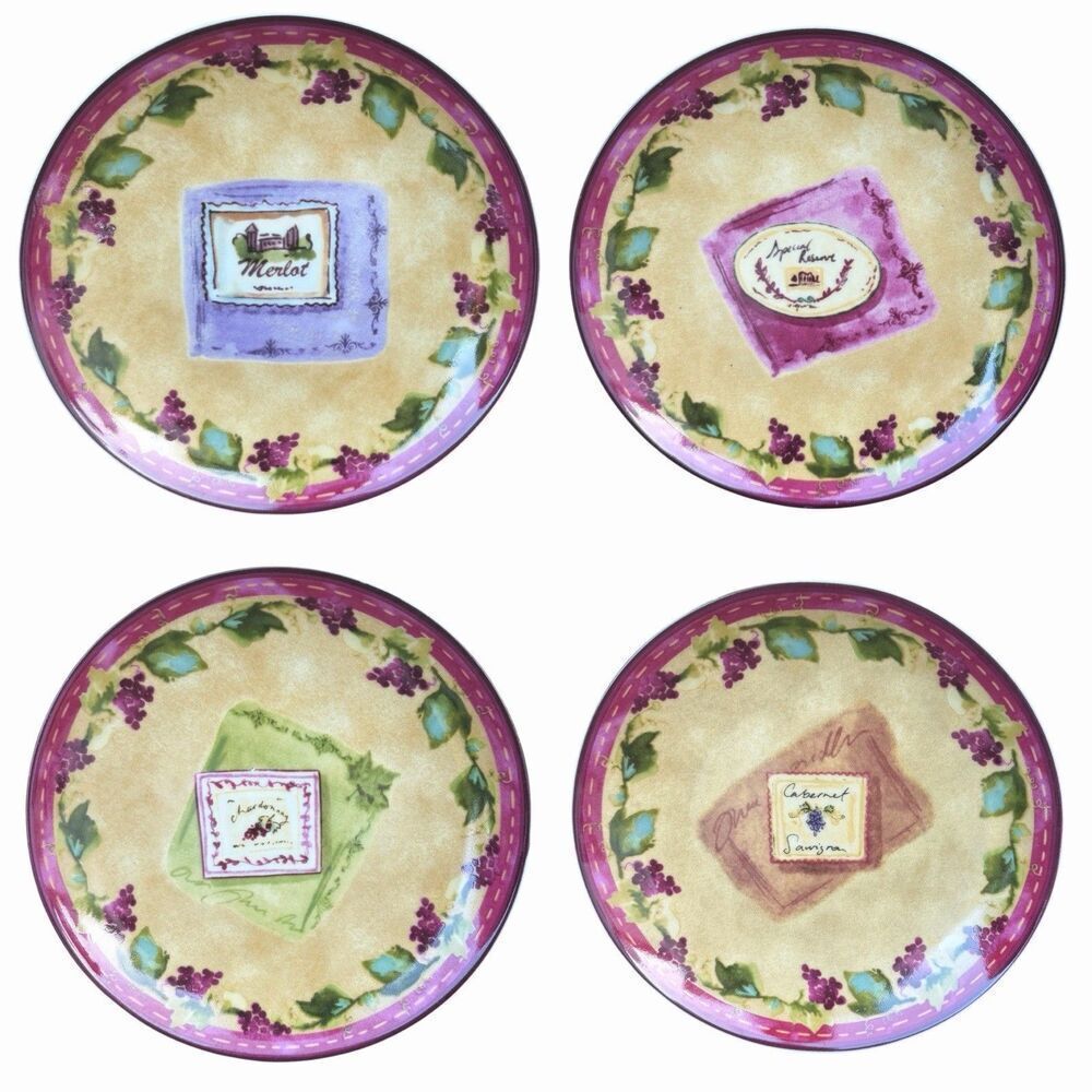 Home Essential Plates 4 Snack Tapas Canape Cheese w/Grape Vine Border Wine Label